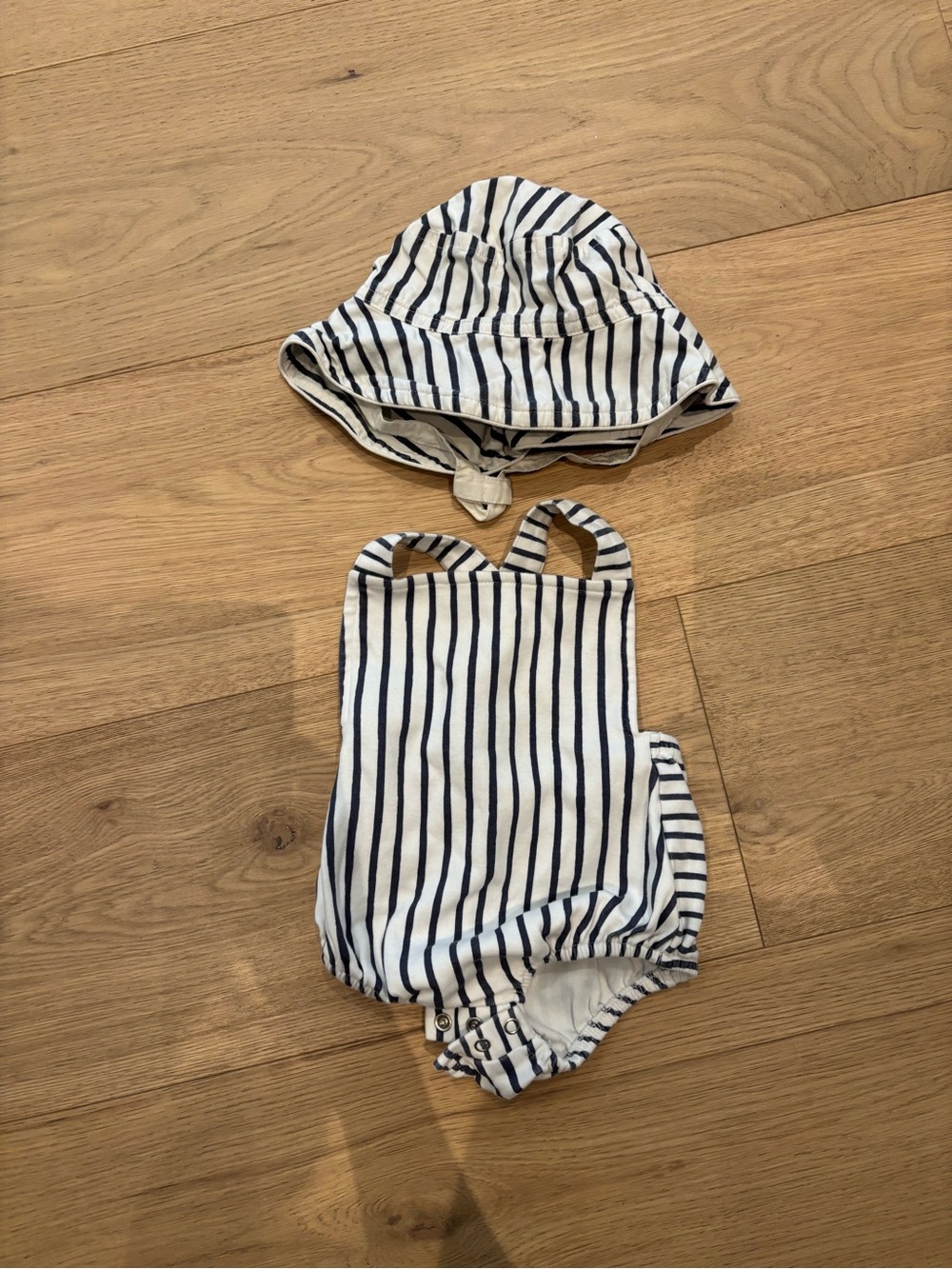 Pehr Striped Navy & White Baby One-Piece with Matching Sun Hat